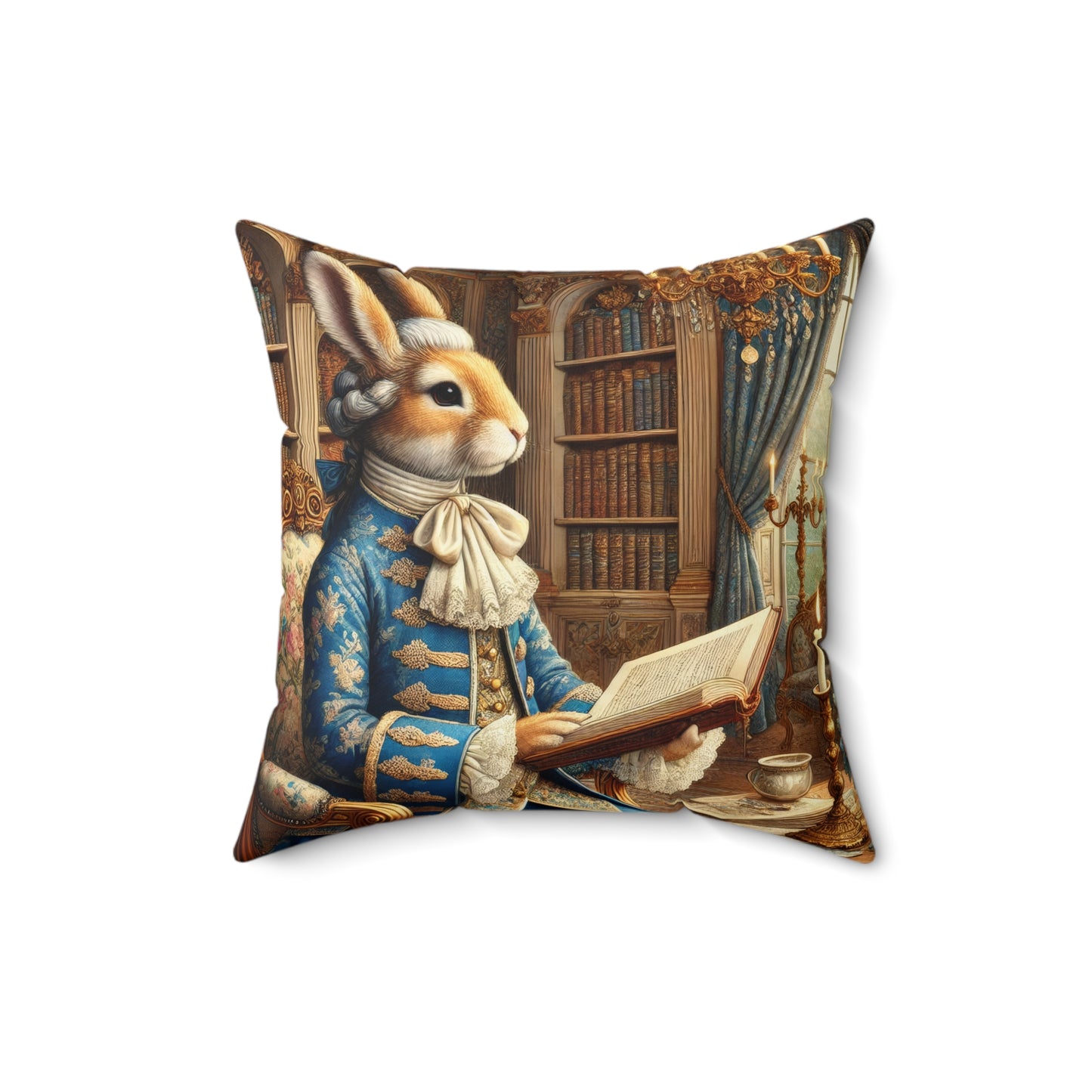 Victorian Rococo Bunny Pillow: Whimsical Blue Gold Accent Cushion
