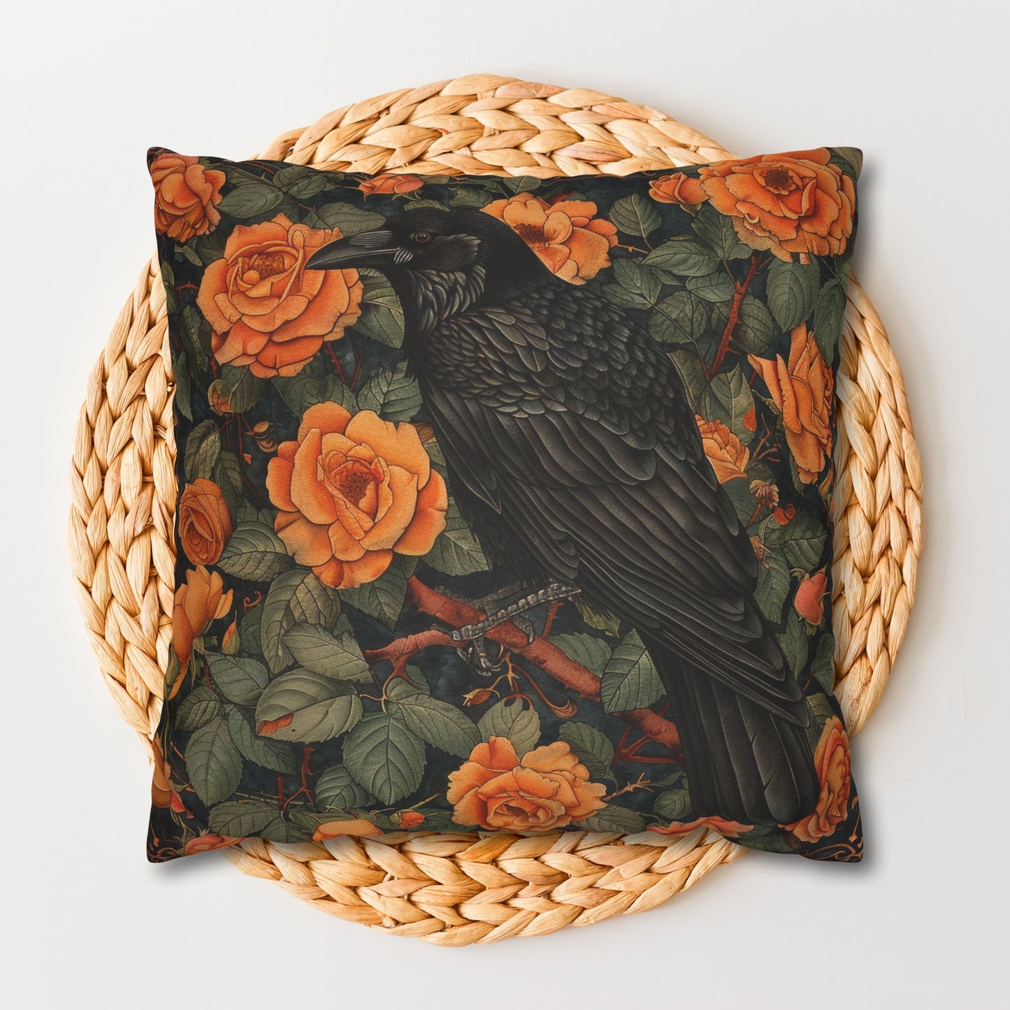William Morris Inspired Raven Orange Roses Gothic Throw Pillowcase