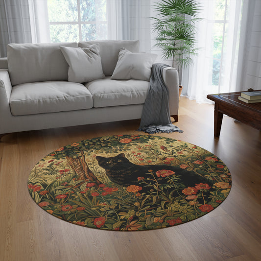 William Morris Inspired Black Cat Art Nouveau Round Area Rug, Cozy Home Decor Carpet