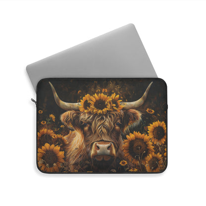 Highland Cow Laptop Sleeve, Sunflower Floral Farmhouse Art Case, Rustic Country Animal Laptop Cover (12”, 13”, 15”)