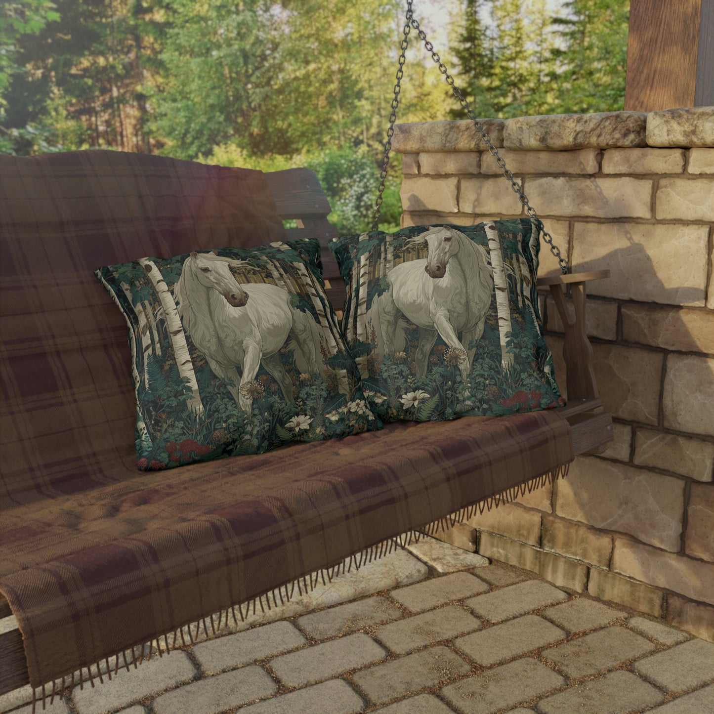 White Horse Forest Outdoor Pillow, Woodland Horse Throw Pillow, Rustic Cabin Cushion, Nature Animal Accent Pillow, Farmhouse Decor, Equestrian Gift Pillow