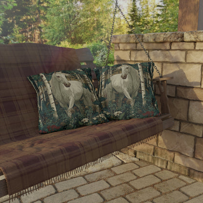 White Horse Forest Outdoor Pillow, Woodland Horse Throw Pillow, Rustic Cabin Cushion, Nature Animal Accent Pillow, Farmhouse Decor, Equestrian Gift Pillow