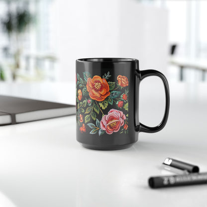 Vintage Roses Pattern Embroidery Black Mug 11oz