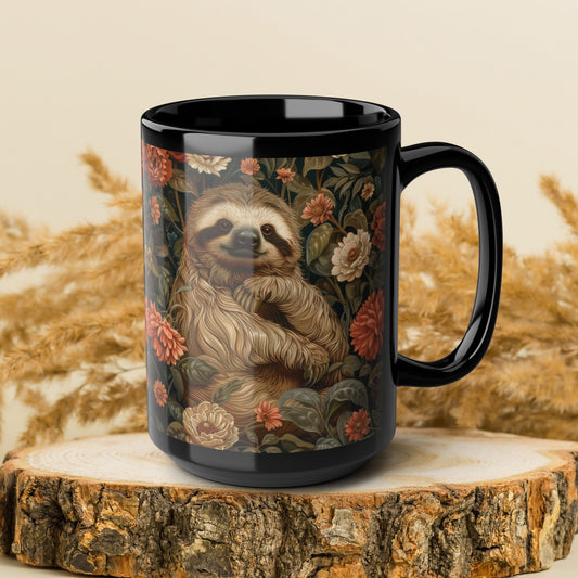 Sloth Mug, William Morris Sloth Mug, Botanical Sloth Mug, Cottagecore Mug, Black Mug, 11oz 15oz Mug