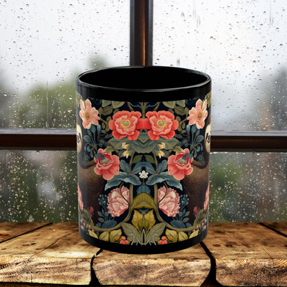 Floral Sloth Black Mug - Cute Coffee/Tea Cup (11oz & 15oz)