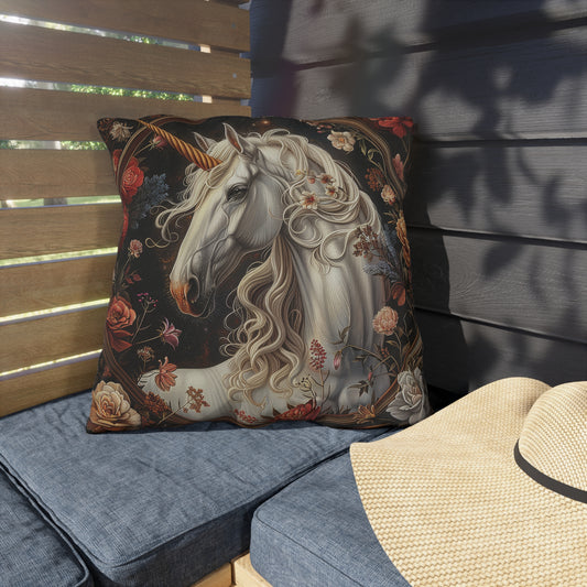 Unicorn Floral Outdoor Pillow, Fantasy Throw Pillow, Magical Horse Cushion, Cottagecore Decor, Whimsical Patio Pillow, Mythical Home Accent