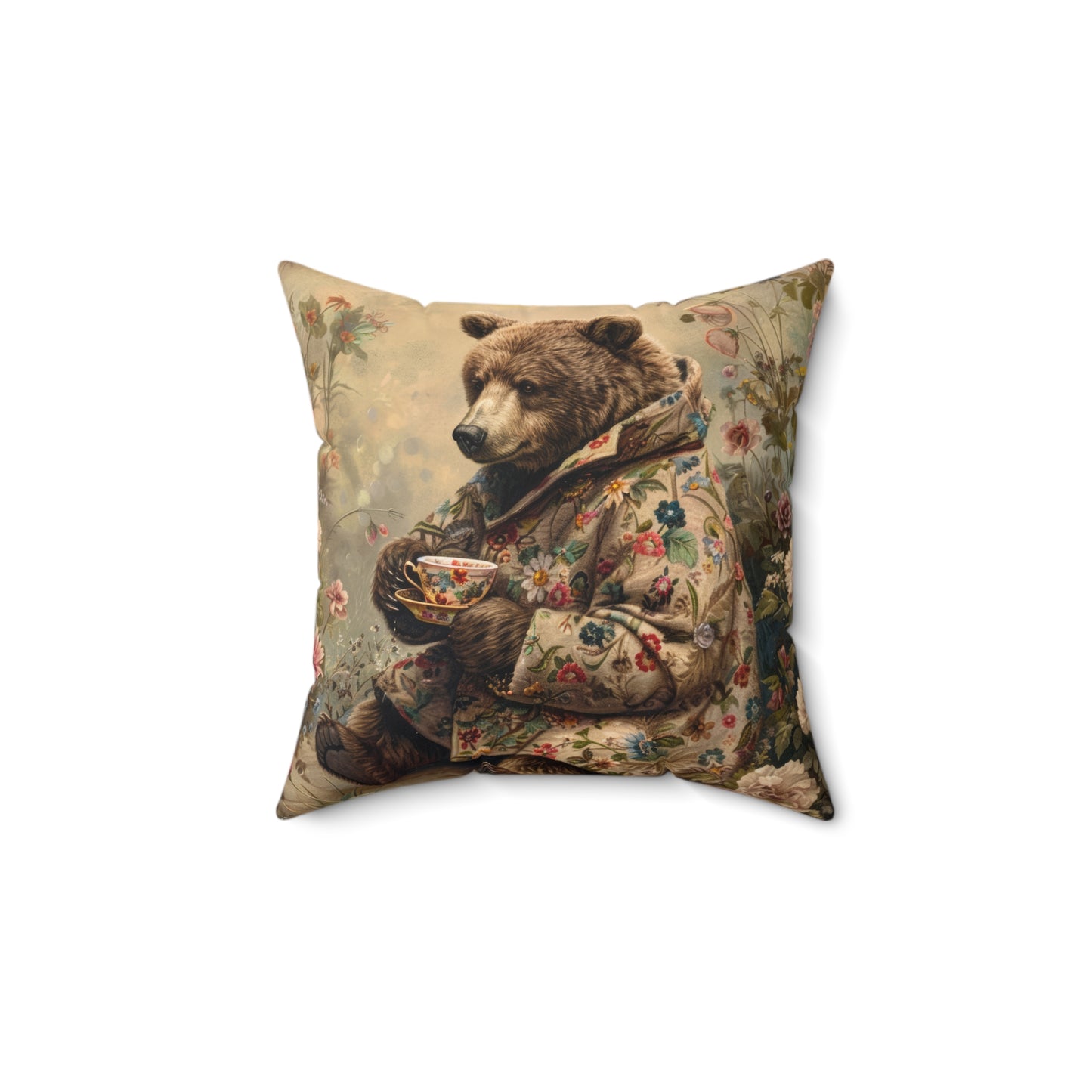 Cozy Floral Bear Tea Time Pillow Decorative Square Throw Pillow