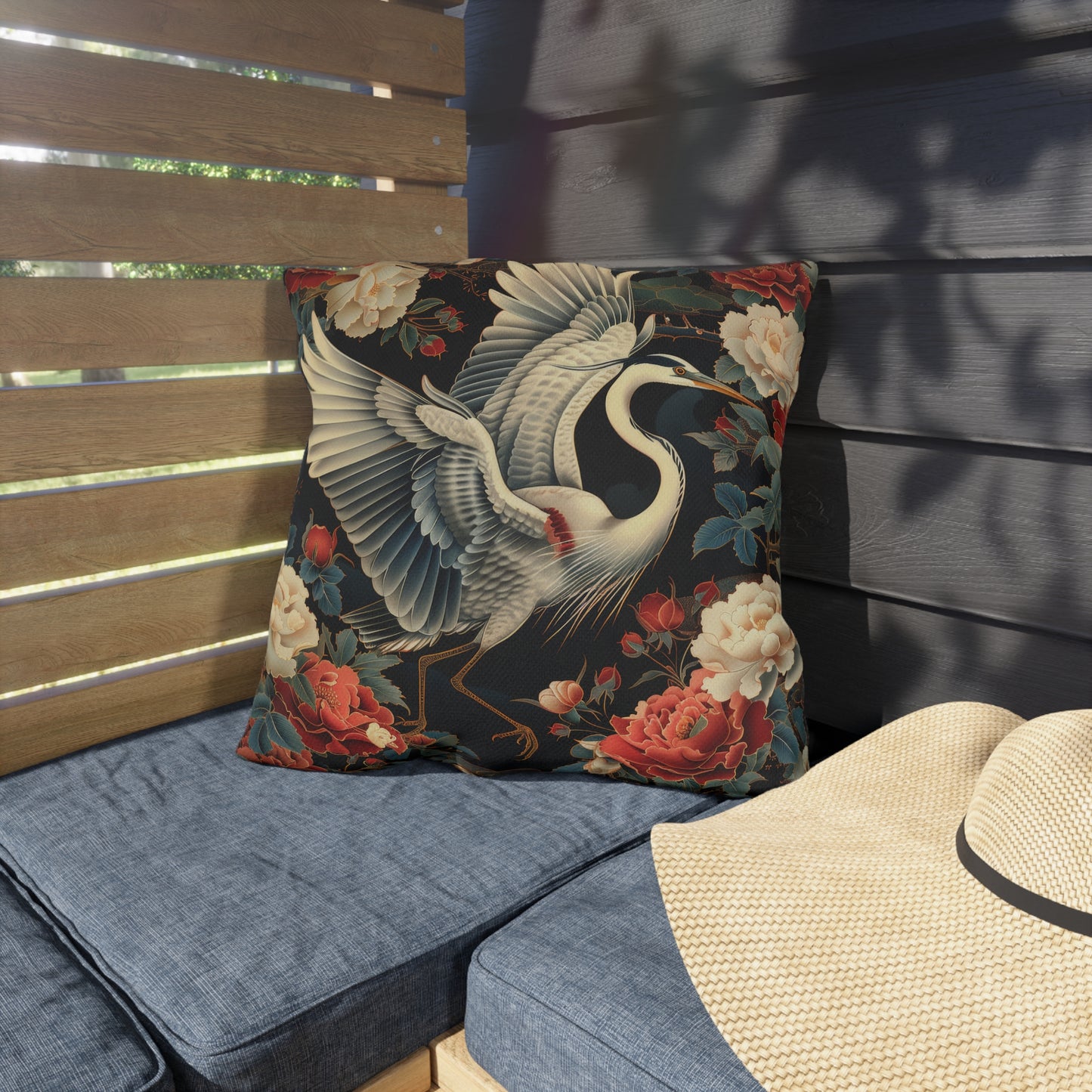 Japanese Crane Outdoor Pillow, Floral Bird Throw Pillow, Chinoiserie Cushion, Elegant Heron Decor, Patio Accent Pillow