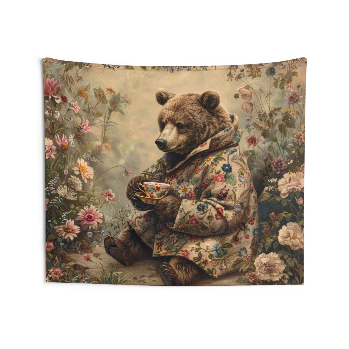 Bear Tea Time Tapestry Cozy Floral Wall Hanging