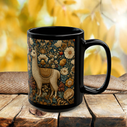 Vintage Floral Llama Mug | Black Ceramic Coffee Cup