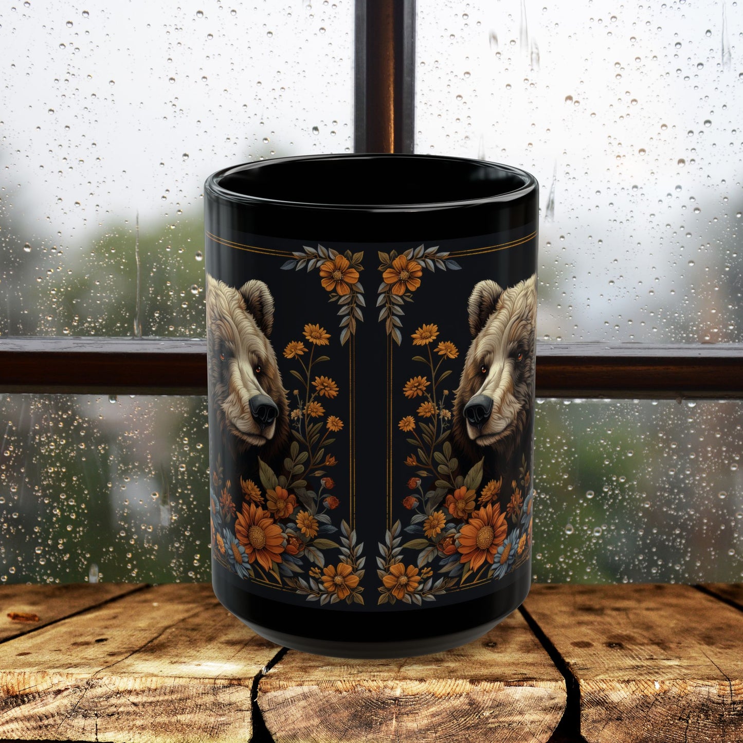 William Morris Inspired Floral Mama Bear Black Coffee Mug 11oz, 15 oz