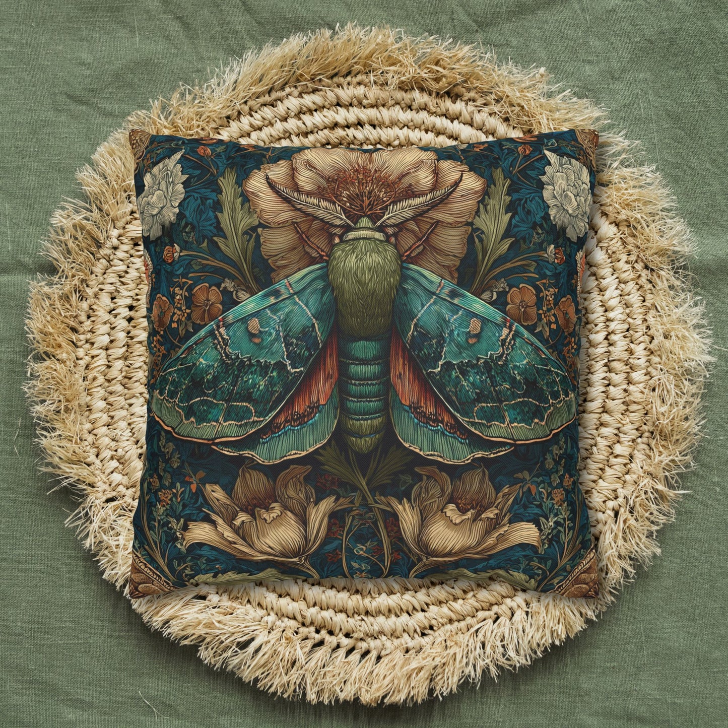 William Morris Inspired Moth Pillowcase, Teal Botanical Art Nouveau Cushion, Vintage Floral Nature Square Pillowcase
