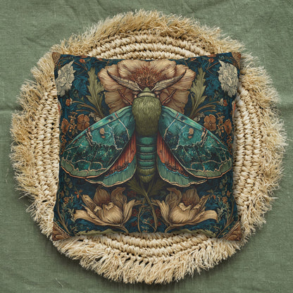 William Morris Inspired Moth Pillowcase, Teal Botanical Art Nouveau Cushion, Vintage Floral Nature Square Pillowcase