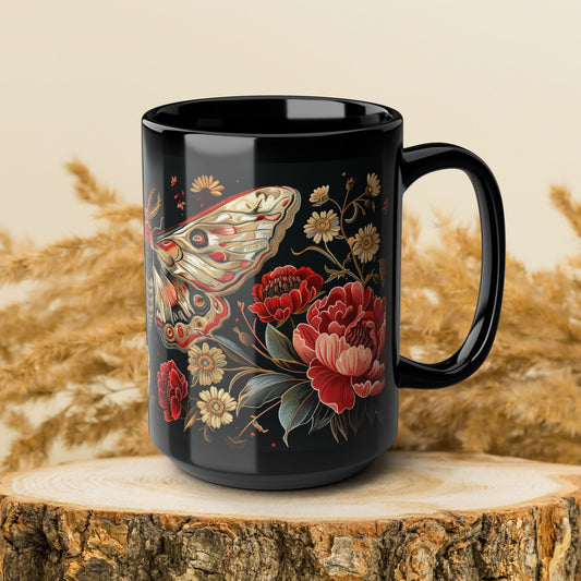 William Morris Inspired Moth Peony Embroidery Black Mug (11oz, 15oz)
