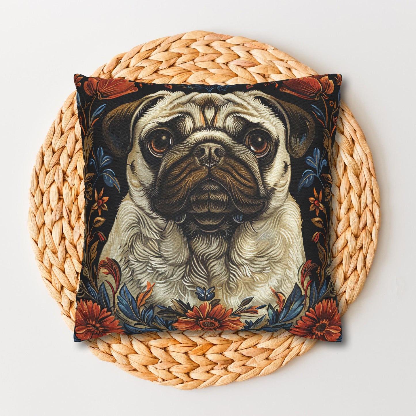 William Morris Inspired Pug Dog  Decorative Pug  Spun Polyester Square Pillowcase