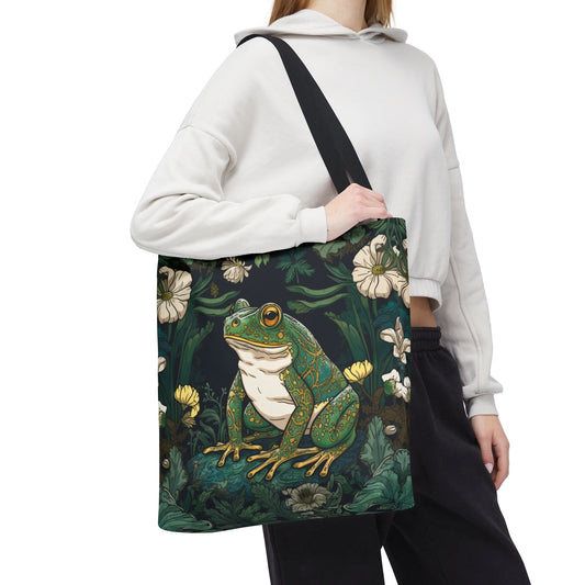 Green Botanical Frog Tote Bag, William Morris Inspired, Green Tote Bag,  Cottage-core Tote Bag, Eco-Friendly Carryall
