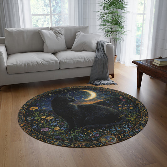 Black Cat Mystery Night Round Area Rug, William Morris Inspired Cottagecore Rug Decor, Cat Lover Round Carpet Gift