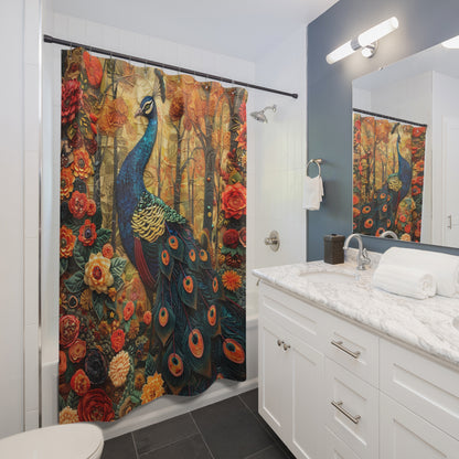 William Morris Inspired Floral Peacock | Art Deco Bathroom Decor | Nature Polyester Shower Curtain