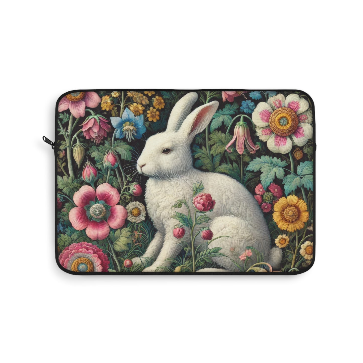 White rabbit Pastel Wildflower Laptop Sleeve, William Morris Design, Protective Case, Gift for Nature Lovers