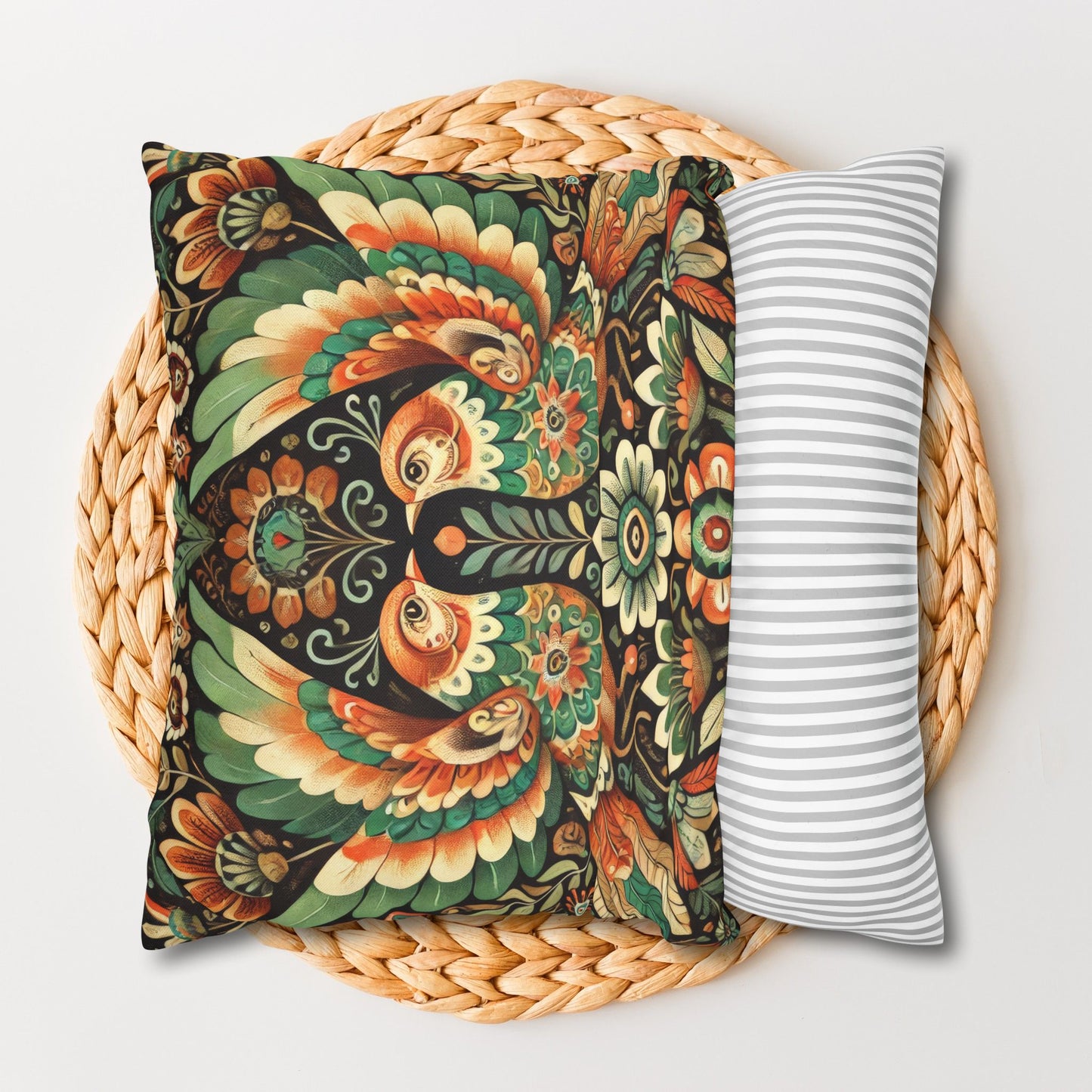 Folk Art of Two Birds and Flowers Pattern Pillowcase