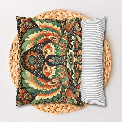 Folk Art of Two Birds and Flowers Pattern Pillowcase