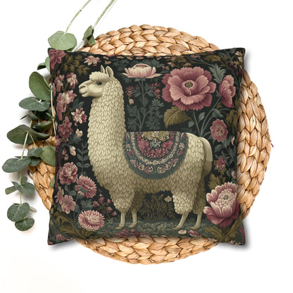 Llama Floral Pillowcase, William Morris Style Animal Cushion with Vintage Botanical Design