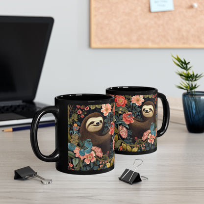 William Morris Inspired Floral Spring Sloth Black Mug