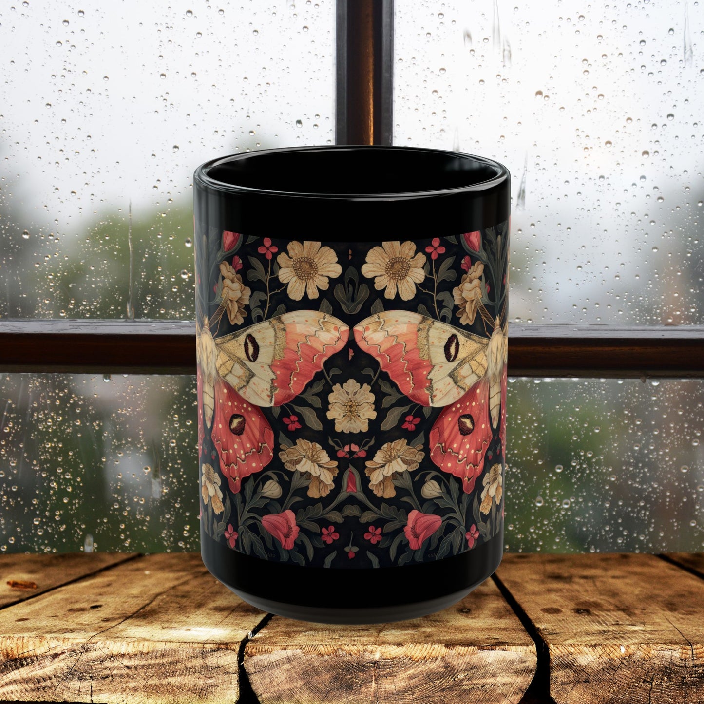 William Morris Inspired Botanical Rosy Maple Moth Black Mug 11oz, 15 oz