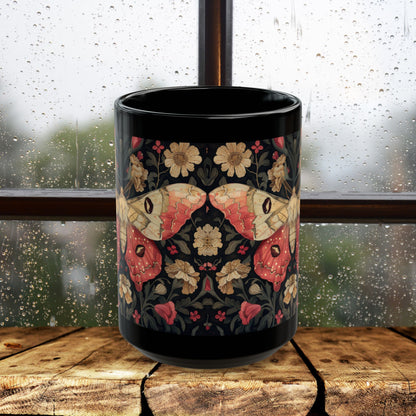 William Morris Inspired Botanical Rosy Maple Moth Black Mug 11oz, 15 oz