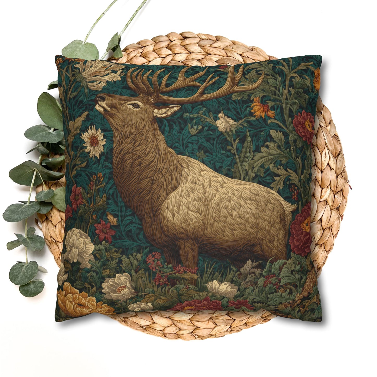 Majestic Elk Floral Pillowcase, William Morris Inspired Woodland Elf Decorative Pillow