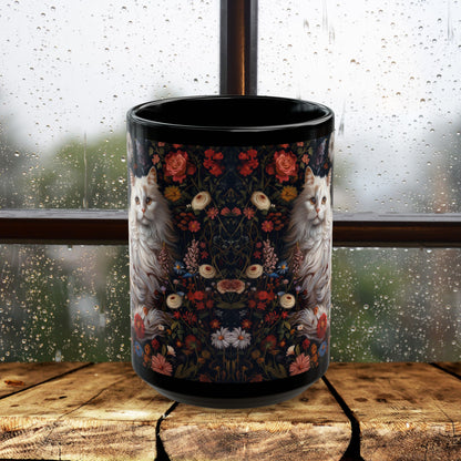 William Morris Inspired White Persian Cat Florals Garden Black Coffee Mug, Cat Lover Gift