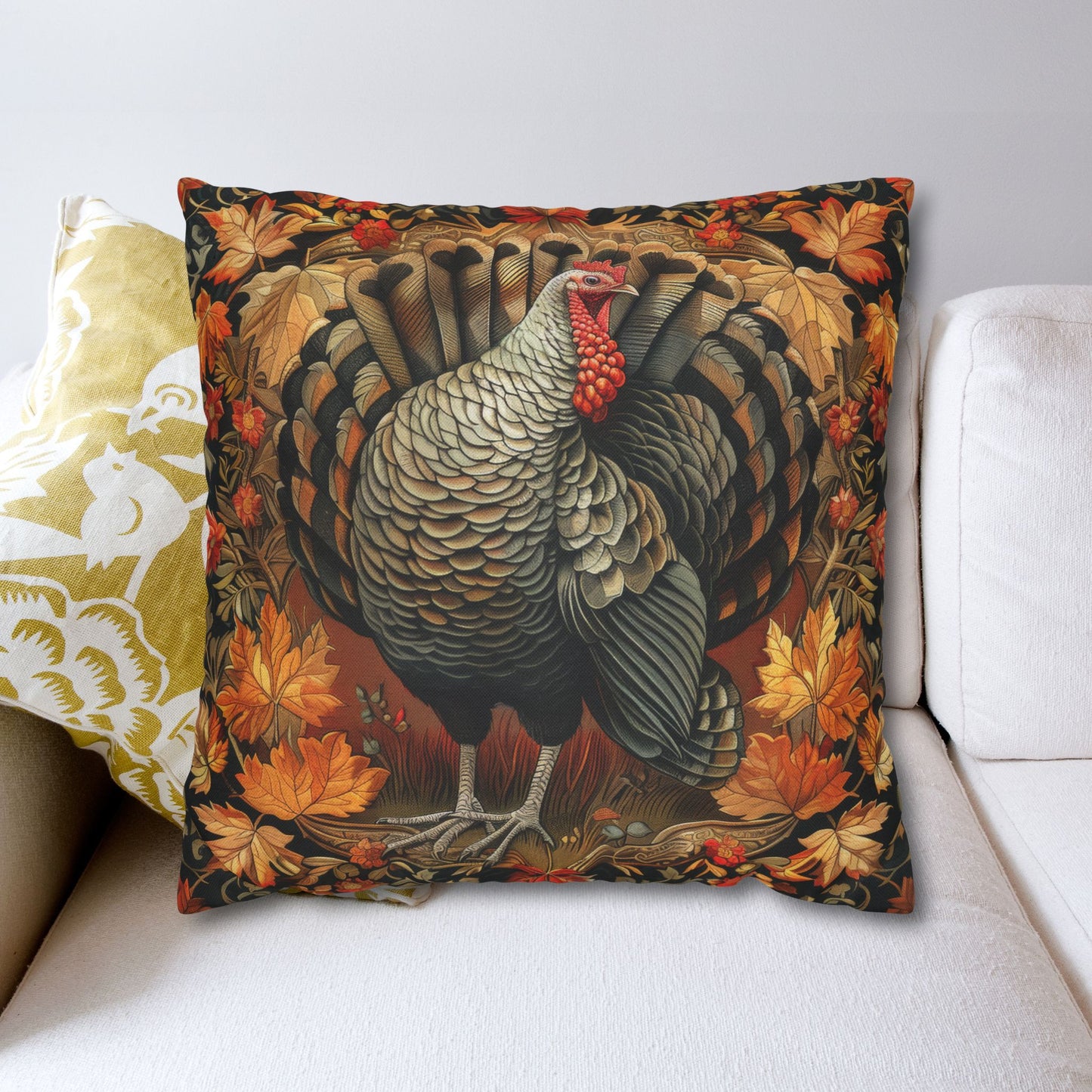 Thanksgiving Turkey Pillowcase, Rustic Harvest Cushion with Autumn Leaves, Farmhouse Fall Home Décor