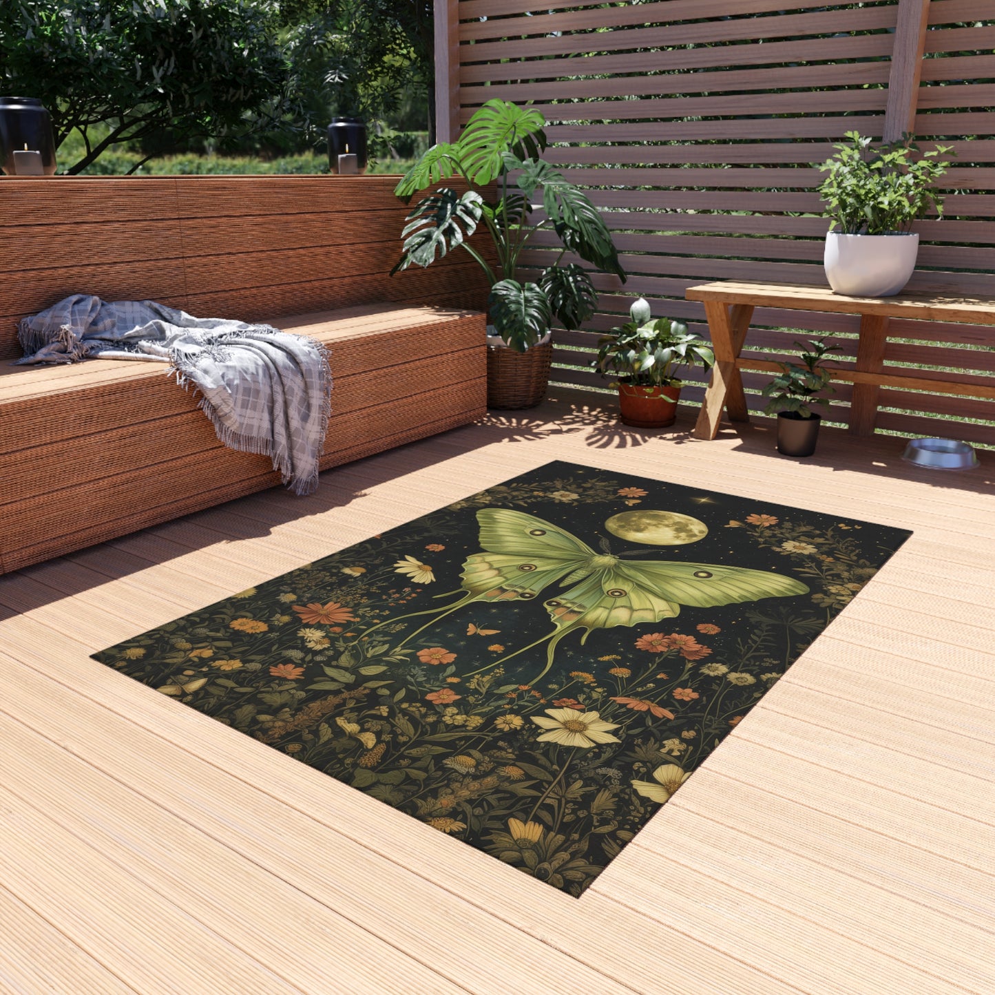 Outdoor Rug - Luna Moth Full Moon Aesthetic Rectangle Area Rug | Woodland Luna Moth Rug | Goth Home Decor | Witchy Home Decor