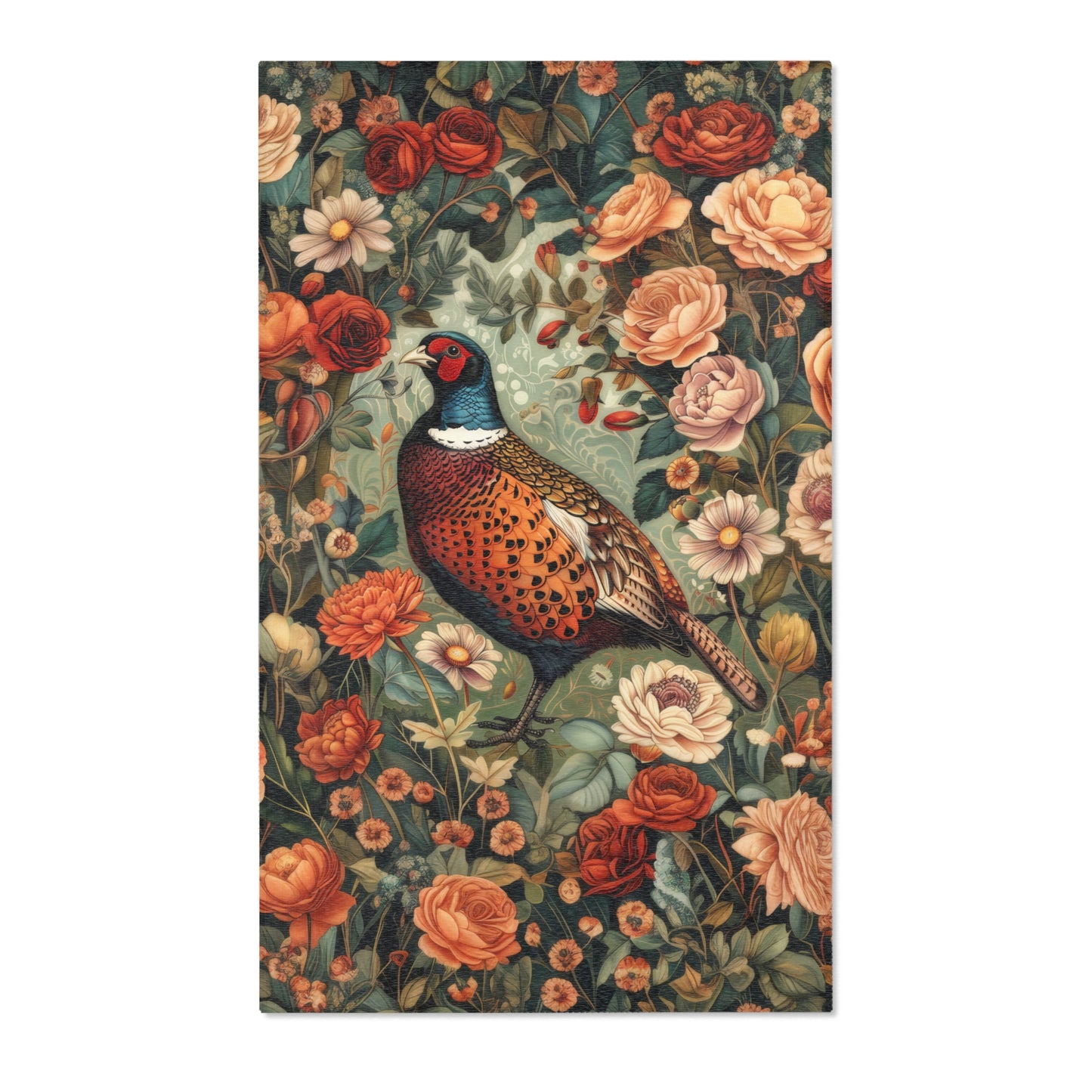 Pheasant Floral Garden, Art Deco Style Home Decor, Pheasant Rectangle Area Rug, Pheasant Living Room Fall Season Carpet Decor