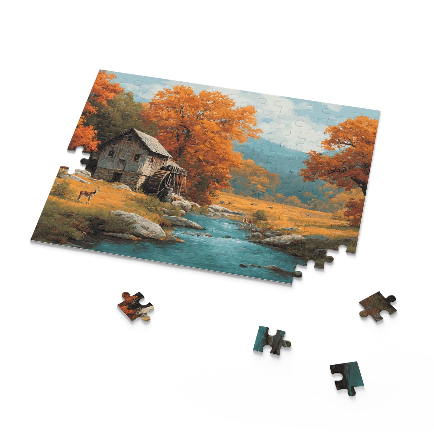 Nature Scene Puzzle, Autumn Cabin Artwork, Family Game Night, Cozy Home Decor, Gift for Nature Lovers, (120, 252, 500, 1000-Piece)