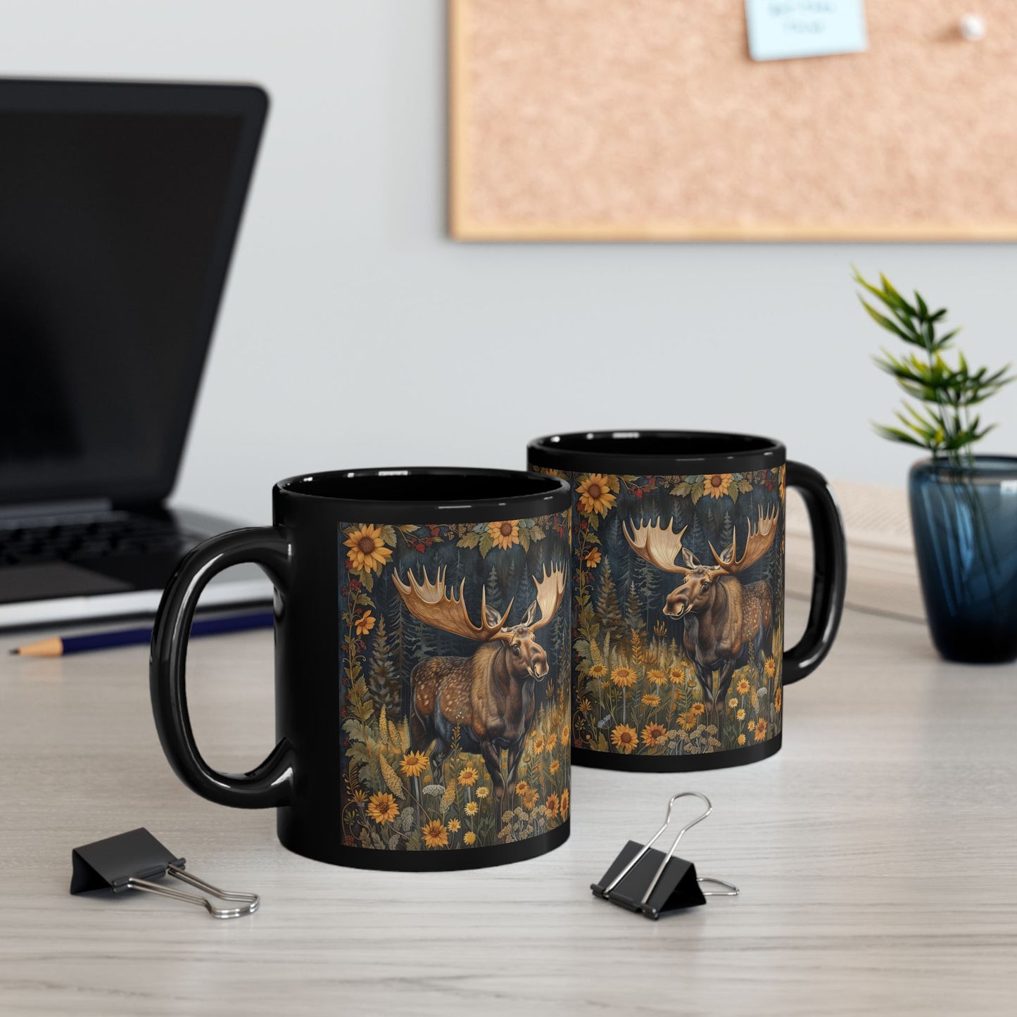 Moose Sunflower Coffee Mug: William Morris Inspired Nature Art