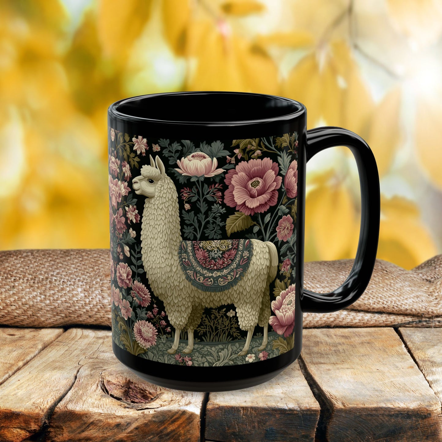 Botanical Llama Coffee Mug, William Morris Inspired Floral Black Ceramic Cup (11oz, 15oz)