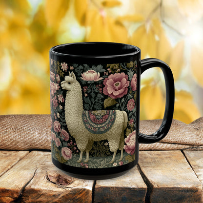 Botanical Llama Coffee Mug, William Morris Inspired Floral Black Ceramic Cup (11oz, 15oz)