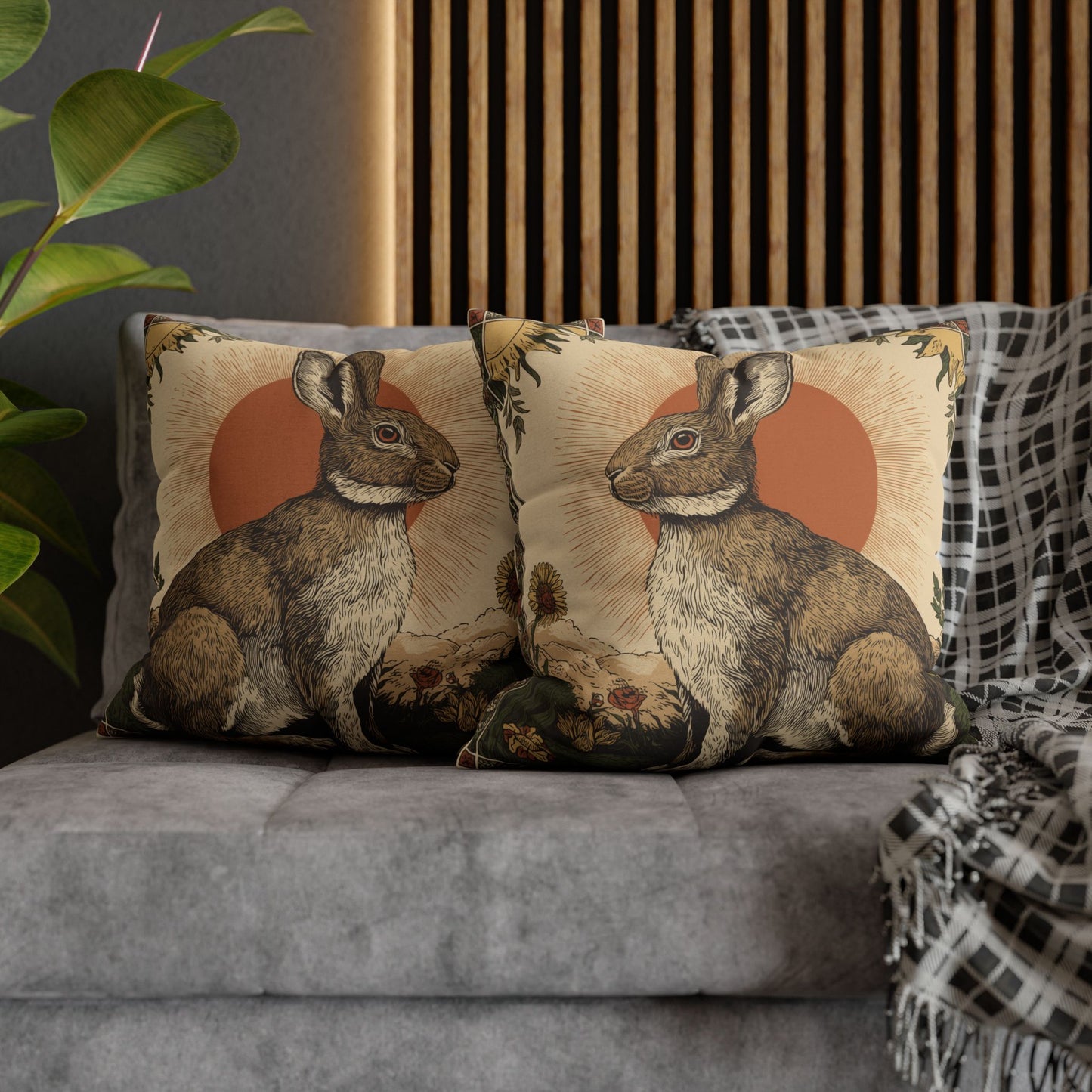 Retro Botanical Rabbit Pillowcase , Rustic Rabbit Sunburst Throw Pillow Cover