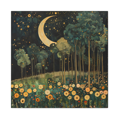 Moonlit Meadow Dreamscape | Matte Canvas Wall Art, Stretched, 1.25" | Starry Night Forest & Flowers Print