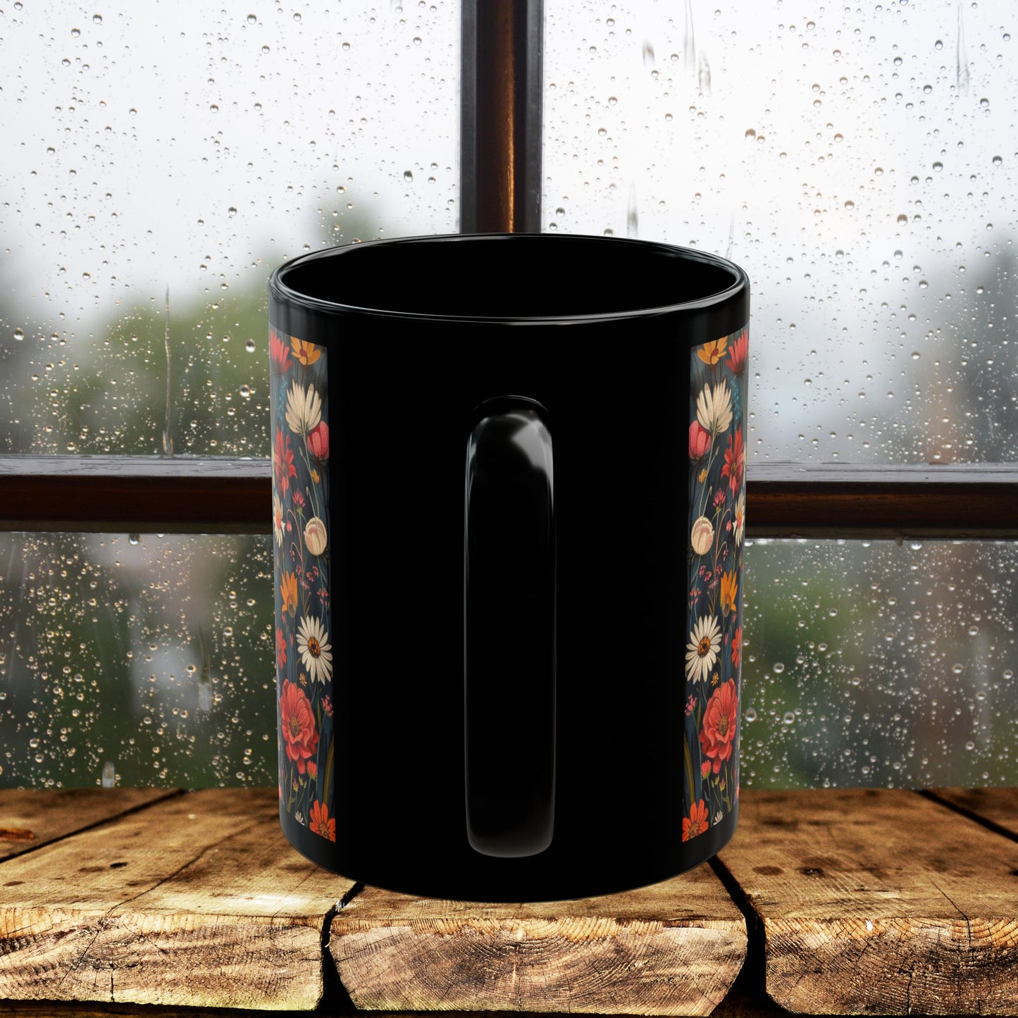 Tuxedo Cat Floral Mug, Vintage Botanical Cat Coffee Mug, William Morris Inspired Black Ceramic Mug 11oz & 15oz