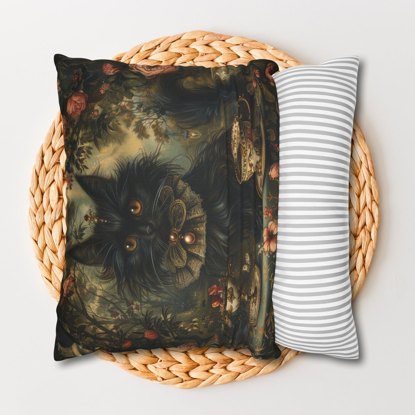 Mystical Cat Pillowcase, Halloween Home Decor, Black Cat Throw Pillow, Witchy Victorian Pillow, Gothic Decorative Pillow