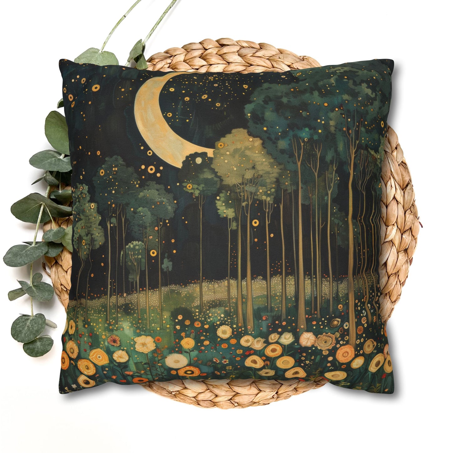Moonlit Forest Decorative Pillowcase, Gustav Klimt Inspired Night Sky Botanical Cushion