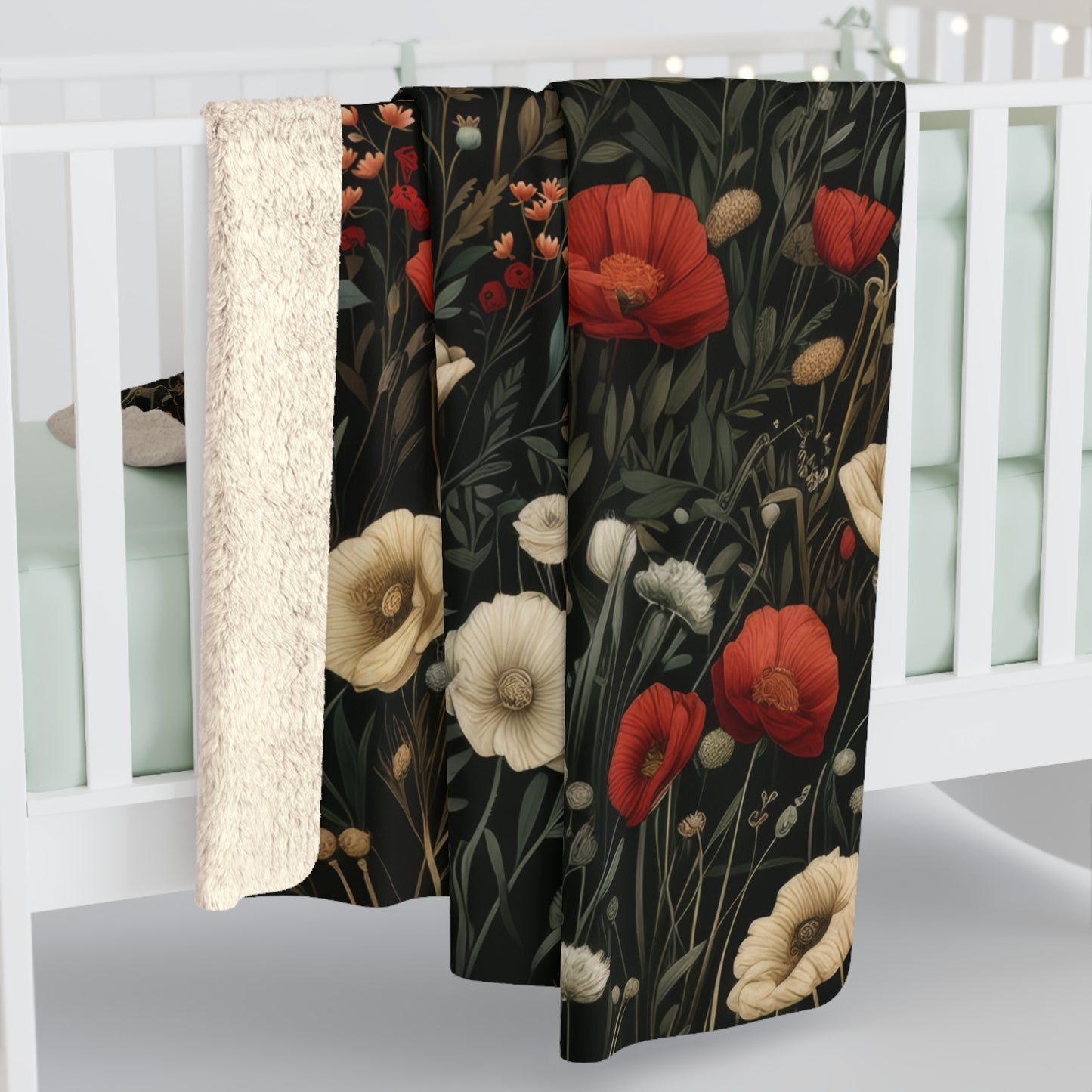 Red Poppy And White Flowers Pattern Fleece Sherpa Blanket