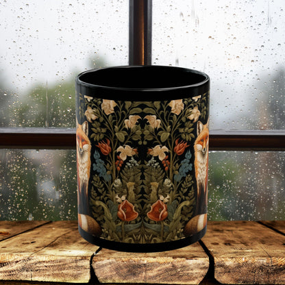 Botanical Floral Fox William Morris Inspired Black Mug (11oz ,15 oz), Gift for Nature Lovers, Coffee Tea Mug, Unique Kitchen Decor,