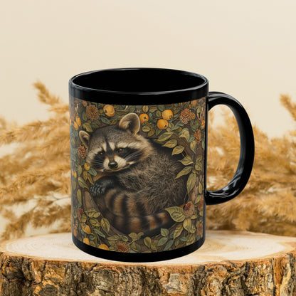 Woodland Raccoon William Morris Inspired Black Mug (11oz, 15oz)
