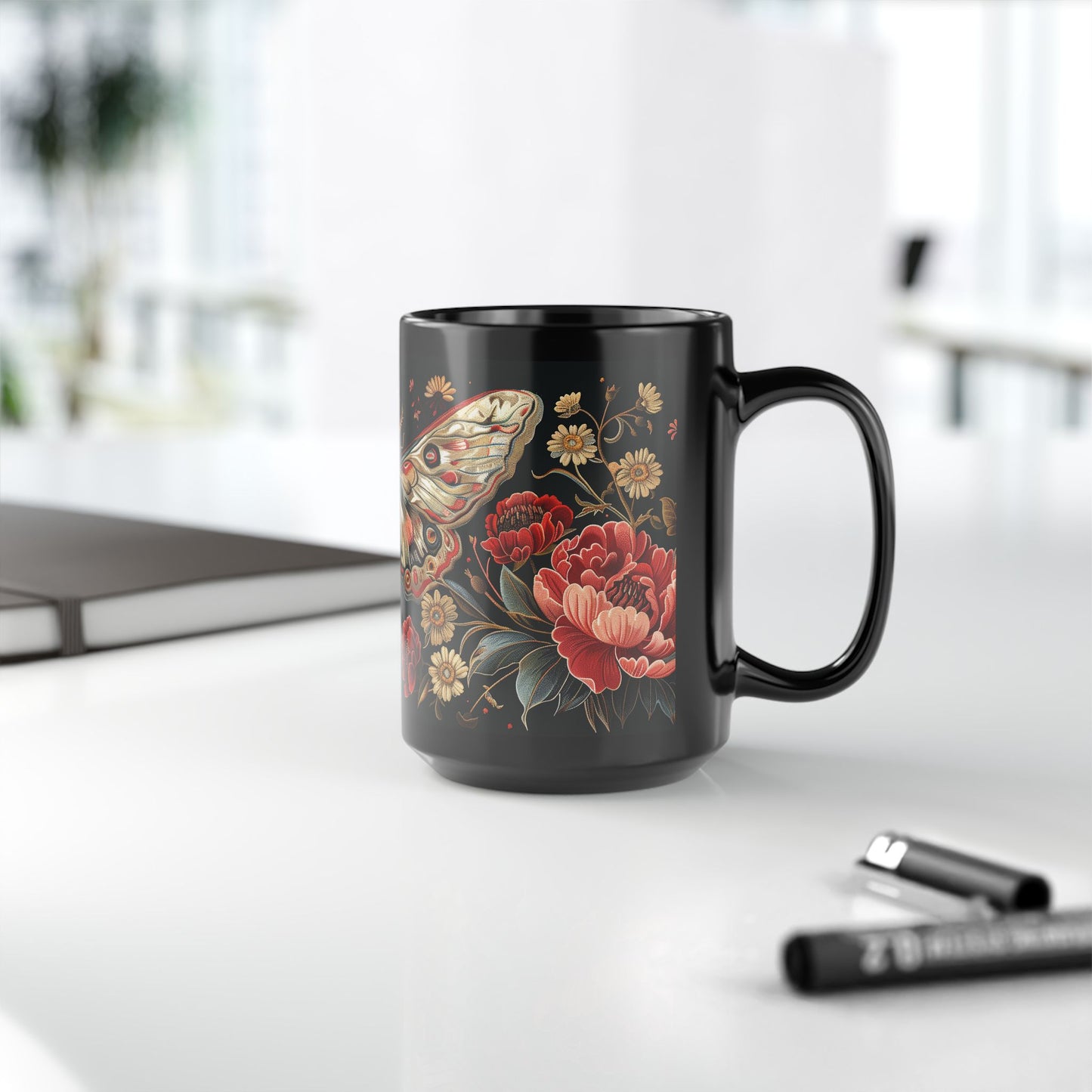 William Morris Inspired Moth Peony Embroidery Black Mug (11oz, 15oz)