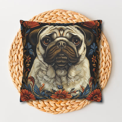 William Morris Inspired Pug Dog  Decorative Pug  Spun Polyester Square Pillowcase