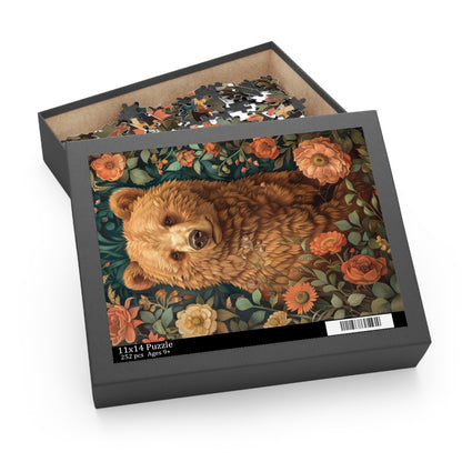William Morris Inspired Brown Bear Wildflowers Puzzle Box (120, 252, 500-Piece) Family Jigsaw Puzzle, Puzzle Box Gift