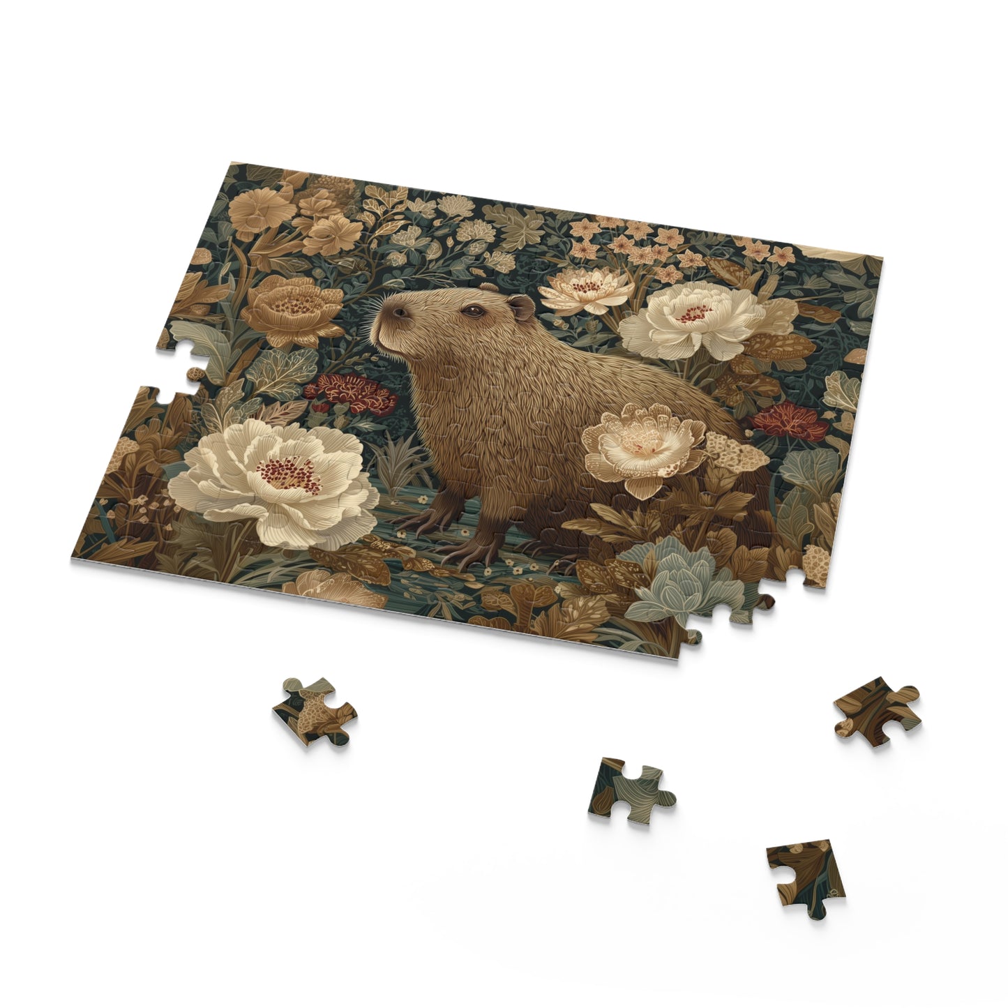 Vintage Capybara Floral Puzzle, Botanical Woodland Jigsaw for Relaxing Mindful Play